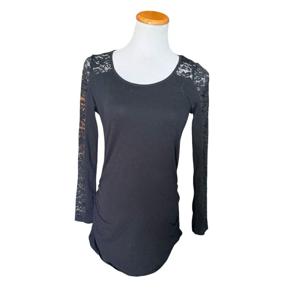Womens Ambience Apparel Maternity Black Lace Mixed Media Blouse Top - Sz M
